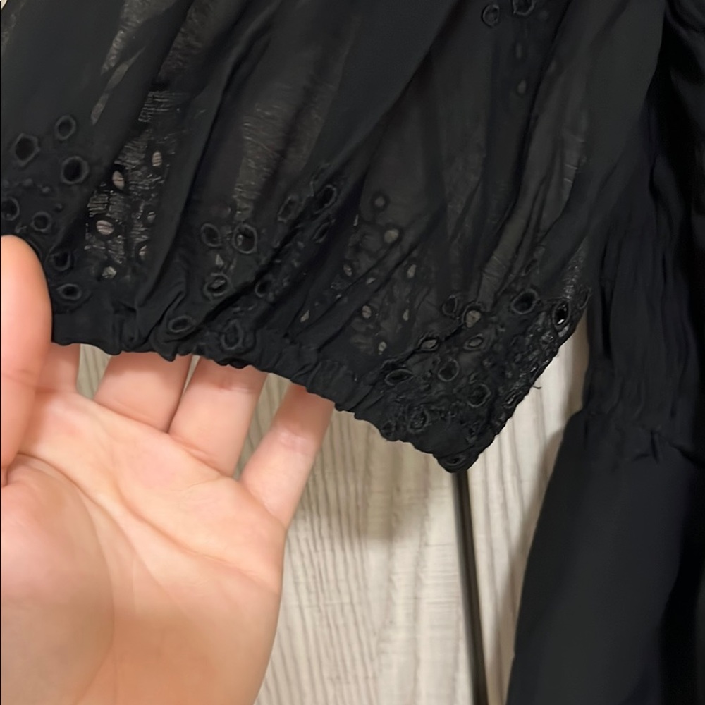 Black Smocked Peplum Blouse with Puff Sleeves - Picture 6 of 7